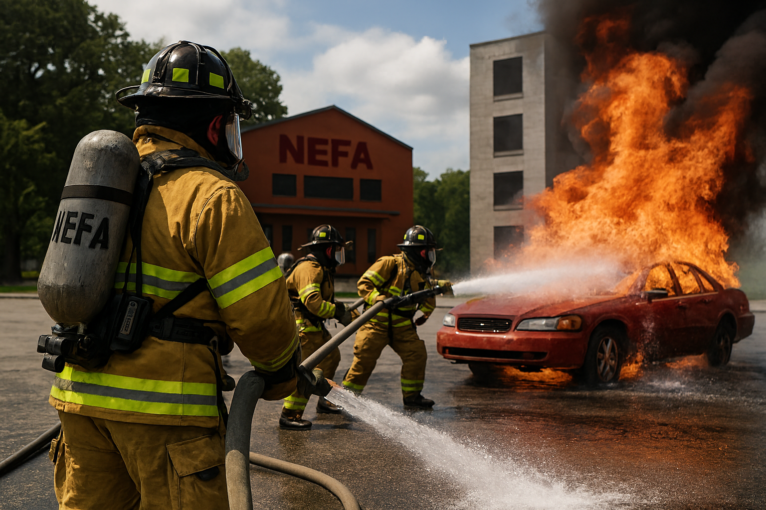NEFSA Fire Academy students undergoing firefighting simulation training