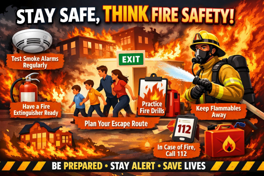 Fire safety awareness banner with key safety tips: Test smoke alarms, plan escape routes, keep flammables away, and practice fire drills.