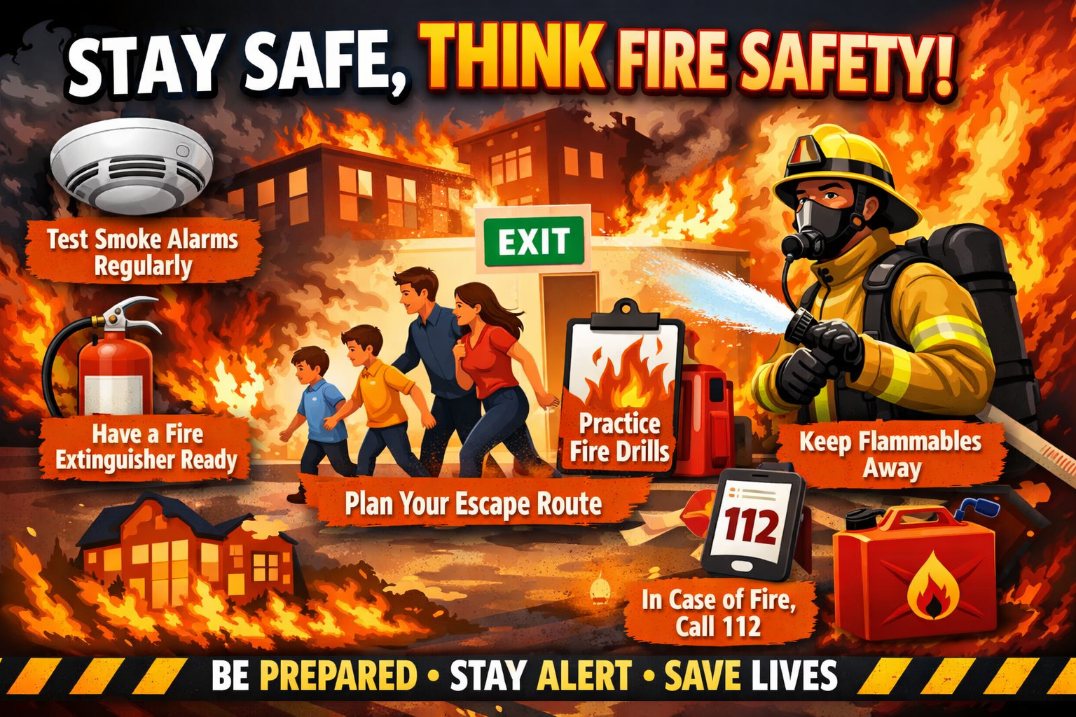 Fire safety awareness banner with key safety tips: Test smoke alarms, plan escape routes, keep flammables away, and practice fire drills.
