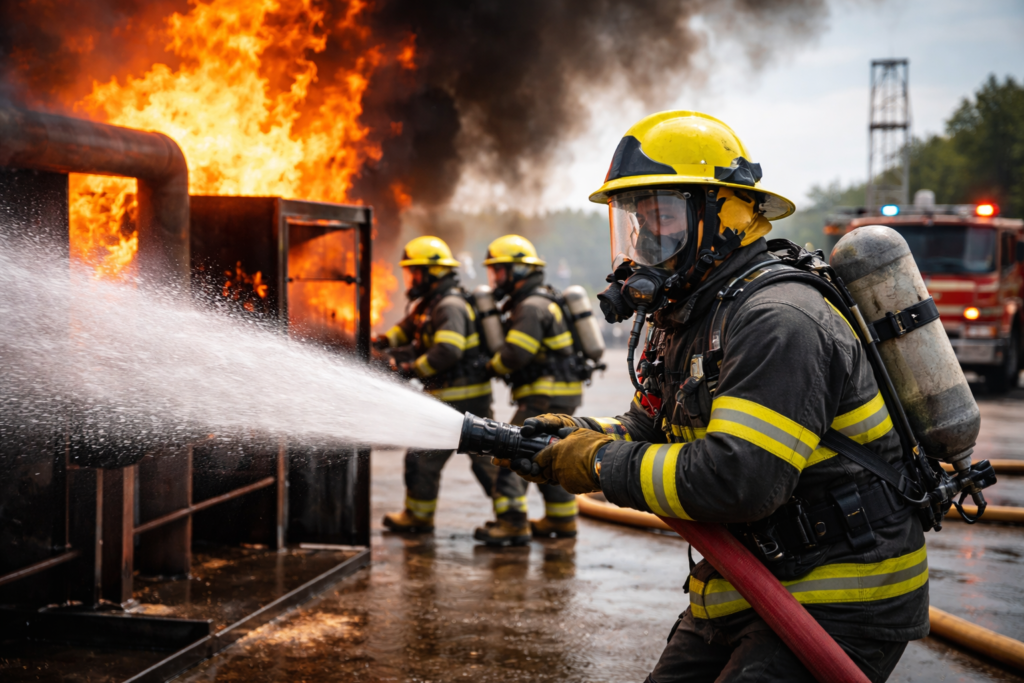 A firefighter in full gear directs a powerful stream of water onto a blazing fire, while other firefighters coordinate efforts in the background. A fire truck and emergency lights are visible, illustrating a live-fire training exercise.