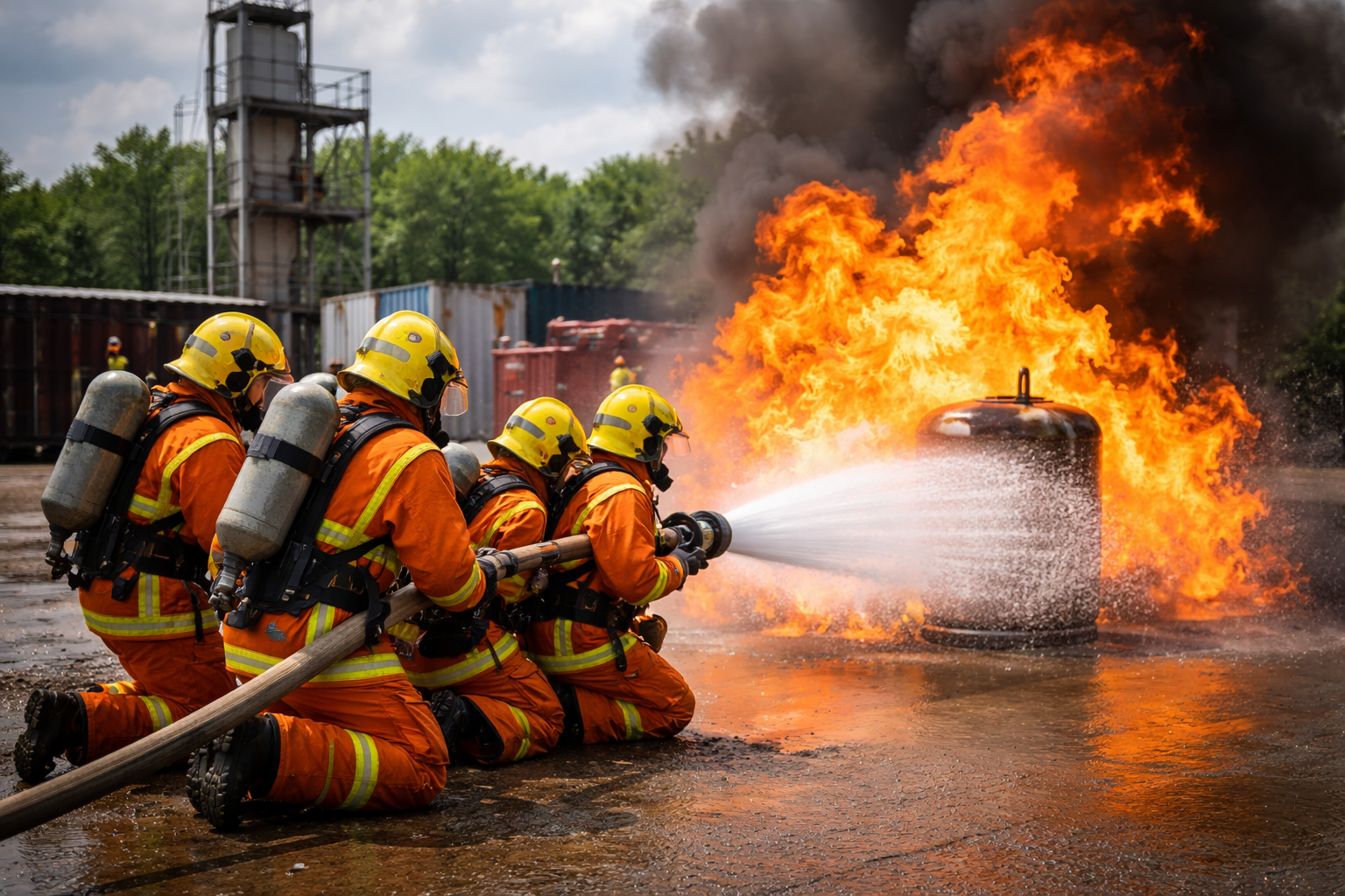 Four firefighters in neon orange suits battling a large blaze with a water hose during a live fire training exercise, with smoke-filled skies and training structures in the background.