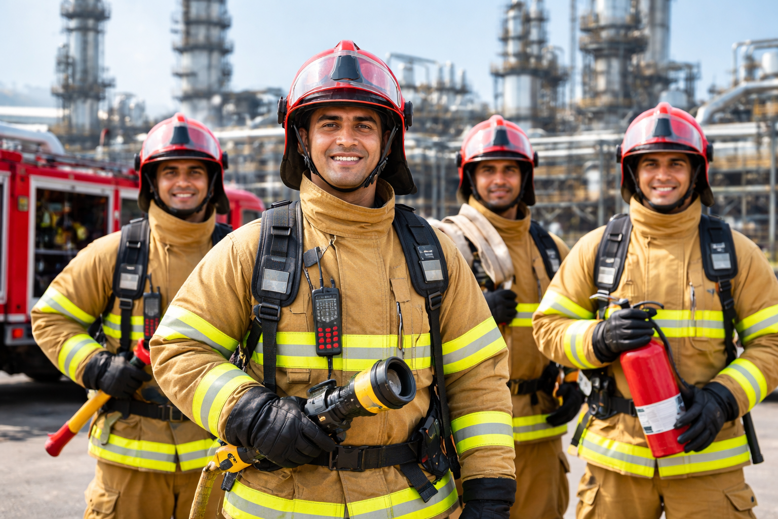 NEFSA fire safety professionals equipped with protective gear at a high-risk industrial facility