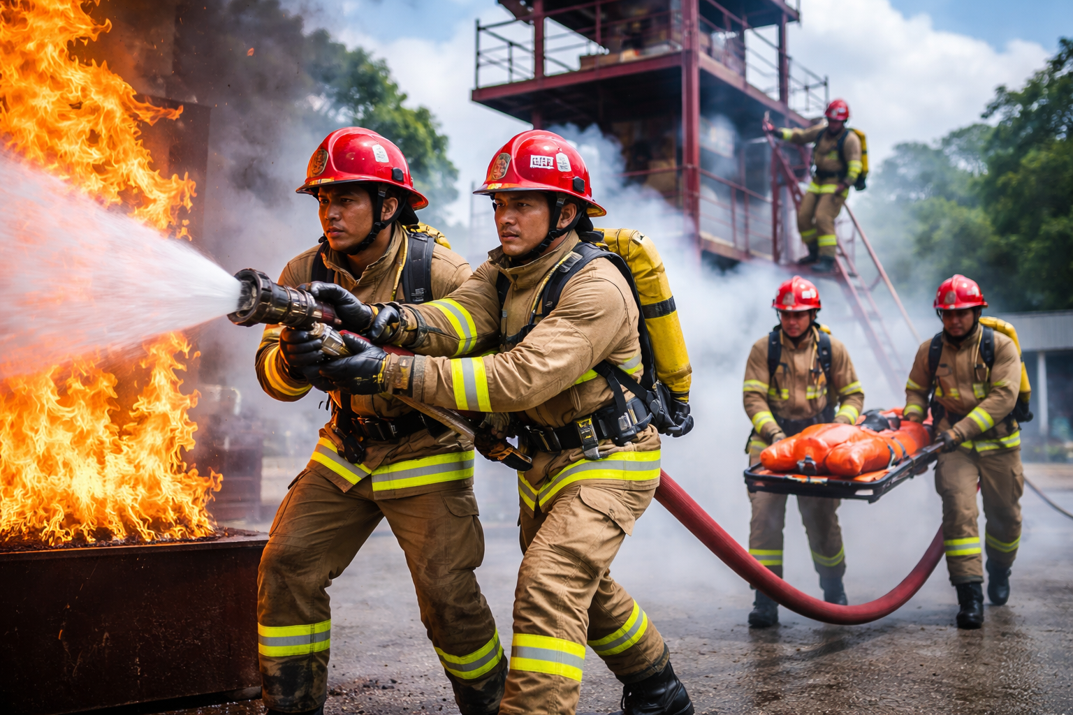 Fire and safety trainees practicing live fire drills at NEFSA, the best fire academy in Northeast India