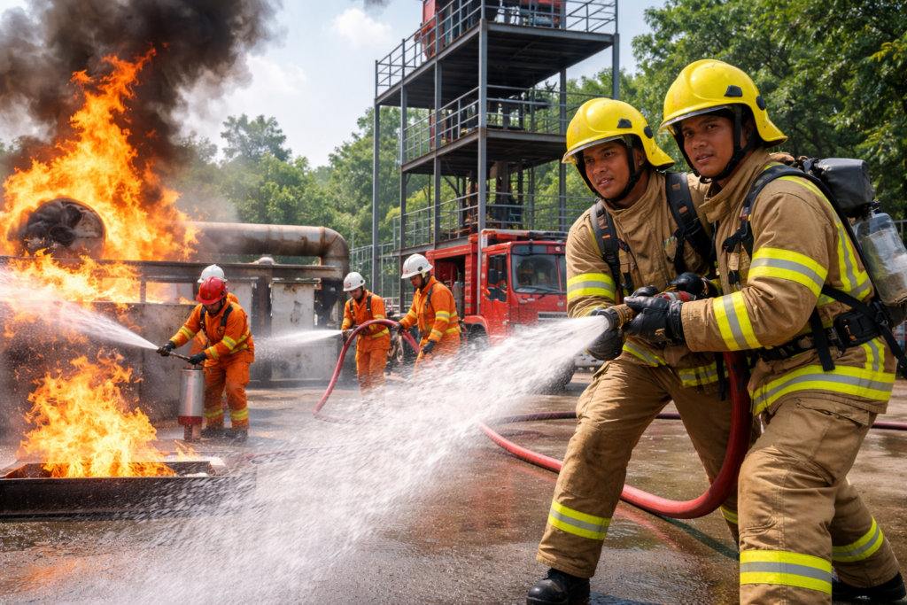 NEFSA students performing live fire and industrial safety training with hose and extinguishers in Northeast India