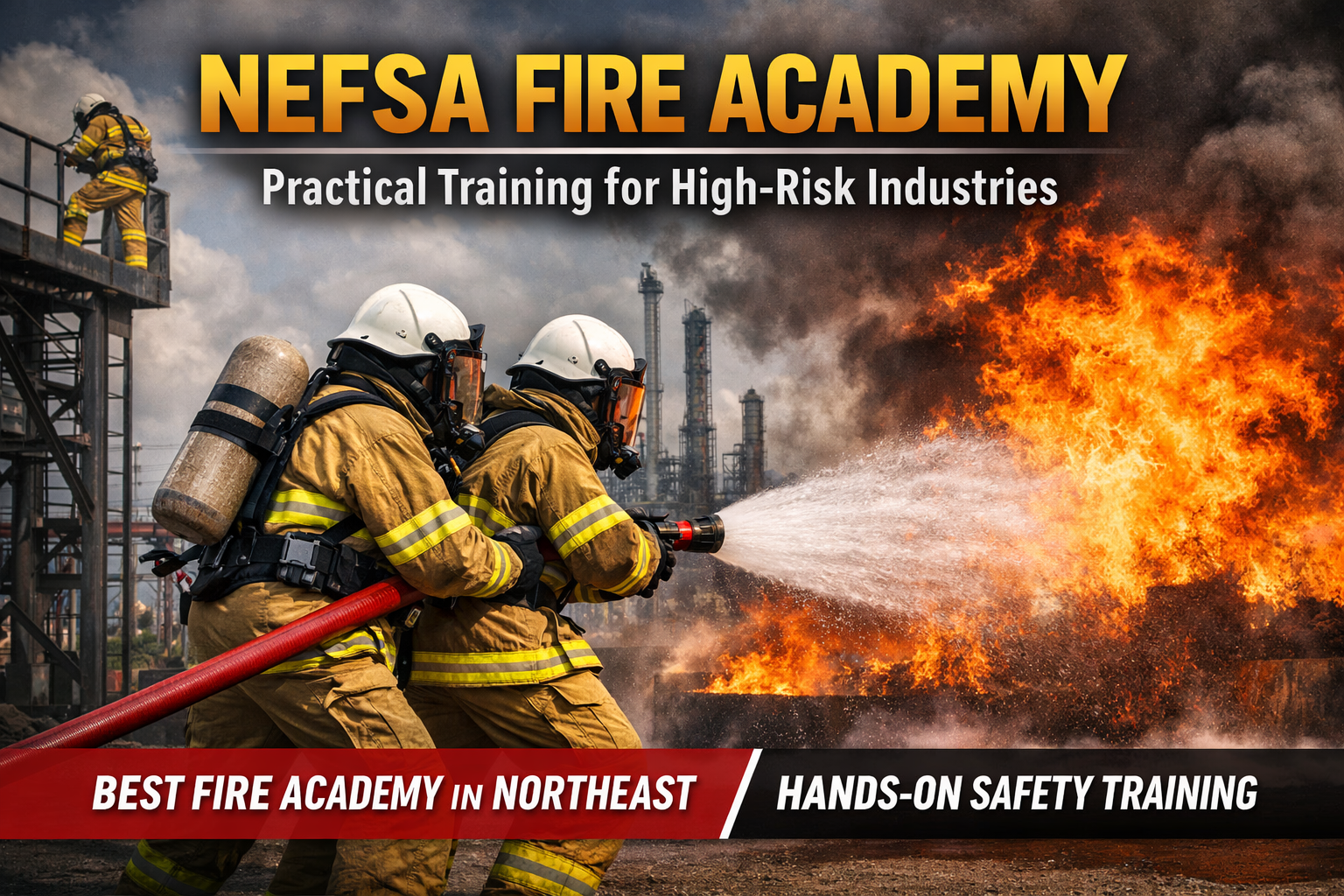 NEFSA Fire Academy practical fire and safety training with firefighters combating flames