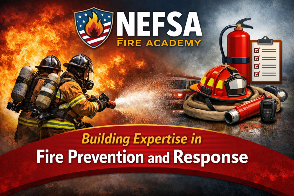 Firefighters battling a blaze with hoses, accompanied by fire safety icons, NEFSA Fire Academy logo, and tagline showcasing expertise in fire prevention and response.