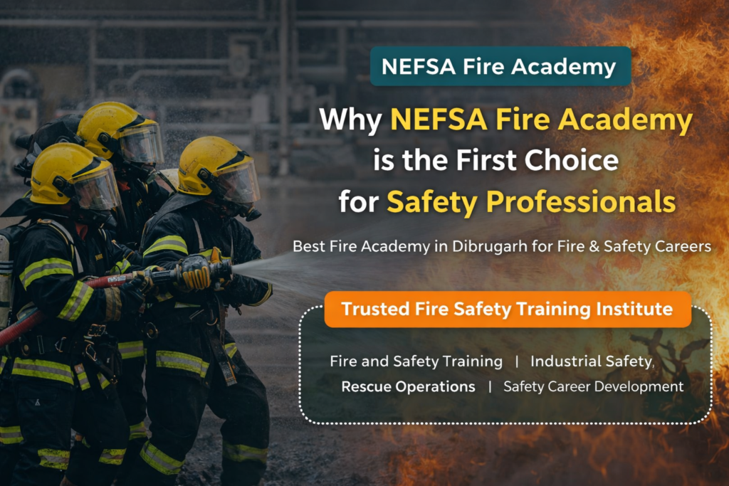 NEFSA Fire Academy trainees performing live fire drill during safety training in Dibrugarh