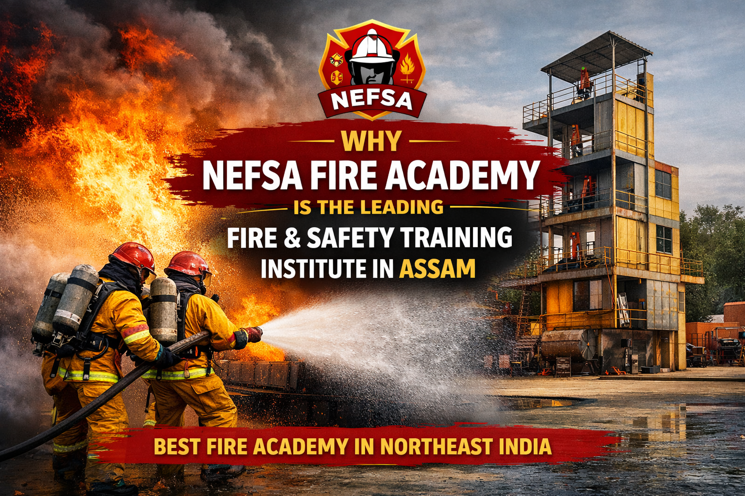 NEFSA Fire Academy firefighters performing practical fire and safety training in Assam