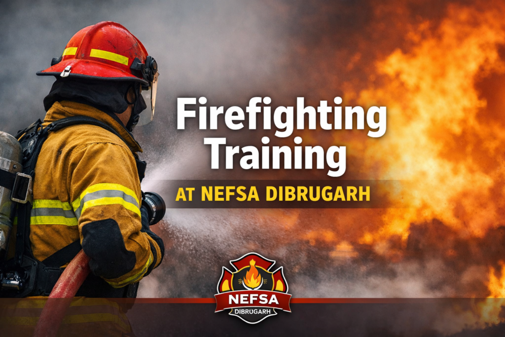 Firefighting Training at Nefsa Dibrugarh - Firefighter in action with water hose spraying fire.