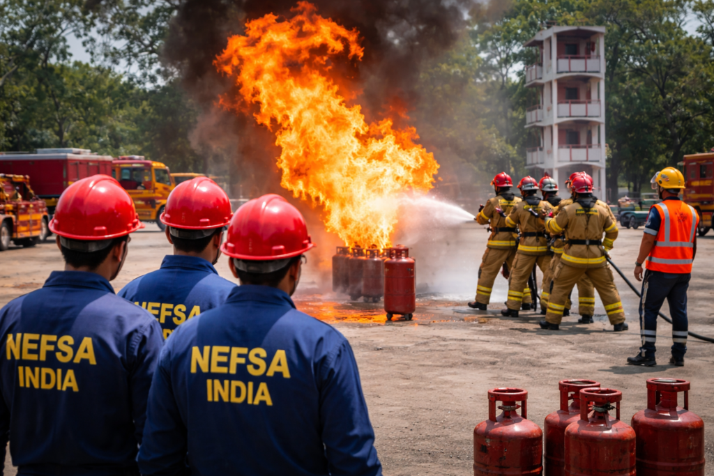 NEFSA India students performing live fire safety practical training with firefighters during emergency drill