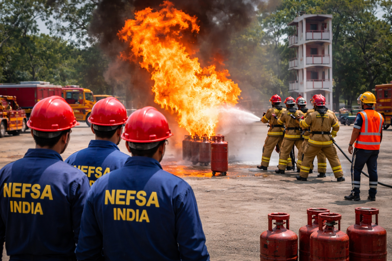 NEFSA India students performing live fire safety practical training with firefighters during emergency drill