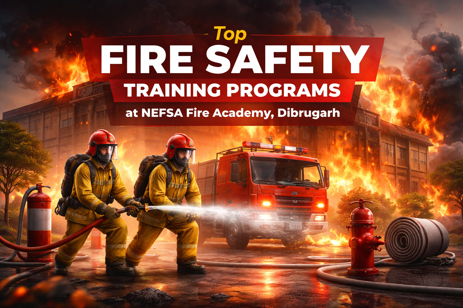 Firefighters battling flames with a fire truck and safety equipment at NEFSA Fire Academy, Dibrugarh, illustrating fire safety training programs.