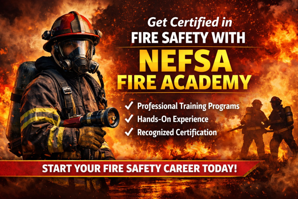 A firefighter in full protective gear training at Nefsa Fire Academy with active flames in the background. Highlights include professional fire safety training, hands-on experience, and certification.