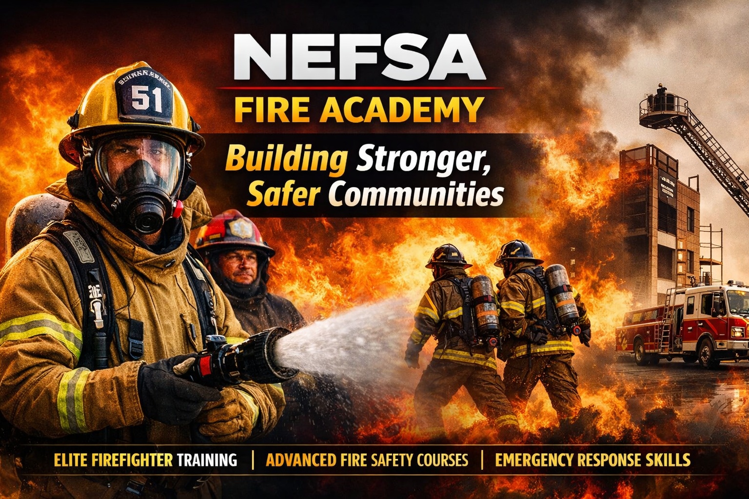 Firefighters in action during training at NEFSA Fire Academy. Showcasing elite firefighting training and emergency response skills.