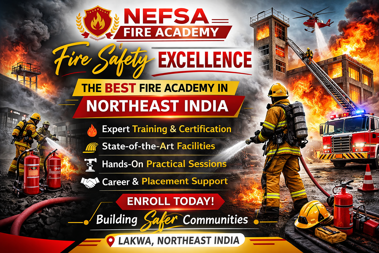 NEFSA Fire Academy promotional banner highlighting fire safety excellence, expert training, and hands-on firefighting experience in Northeast India.
