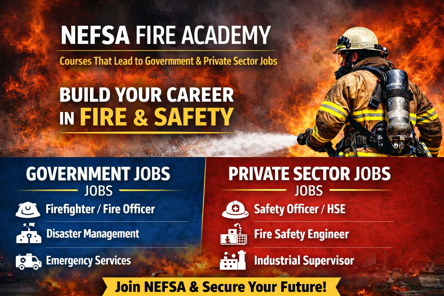 NEFSA Fire Academy fire and safety training courses leading to government and private sector jobs