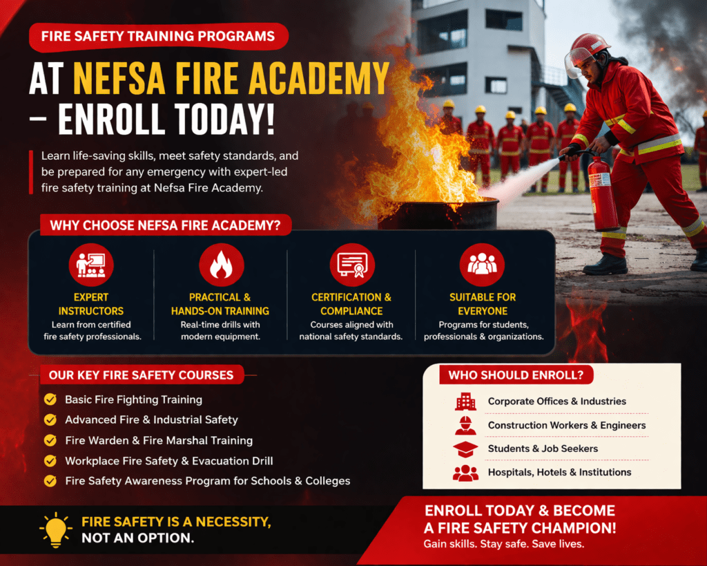 Fire Safety Training Programs at Nefsa Fire Academy – Enroll Today. Expert instructors, practical hands-on training, and certification to prepare for emergencies.