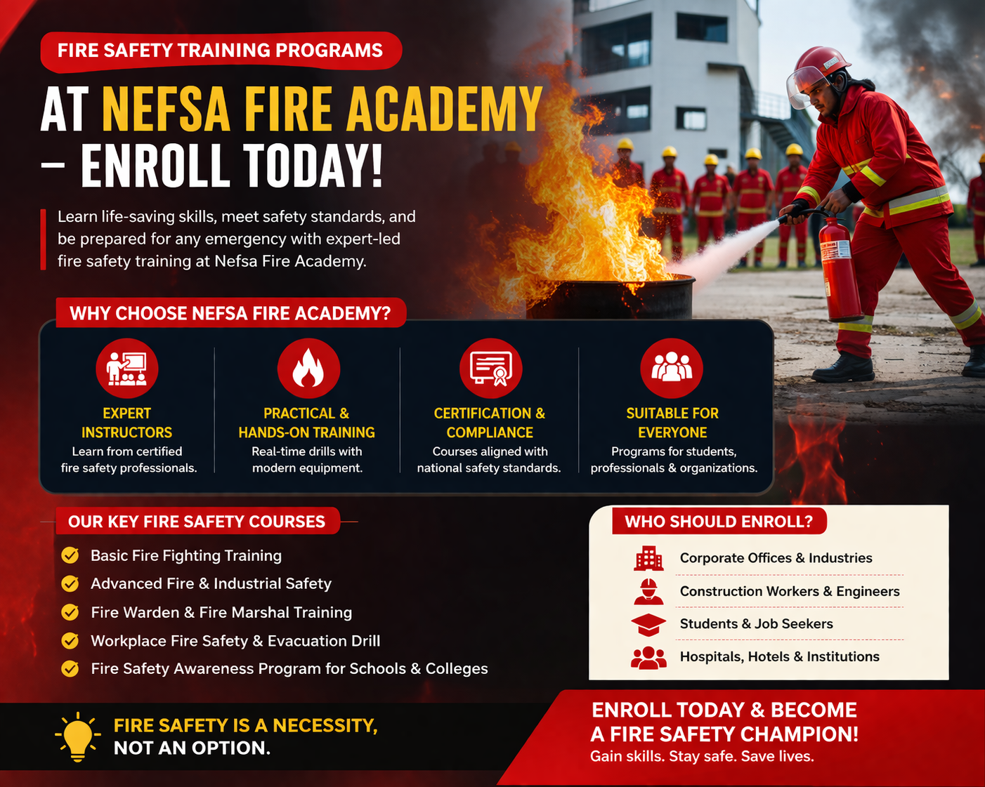 Fire Safety Training Programs at Nefsa Fire Academy – Enroll Today. Expert instructors, practical hands-on training, and certification to prepare for emergencies.