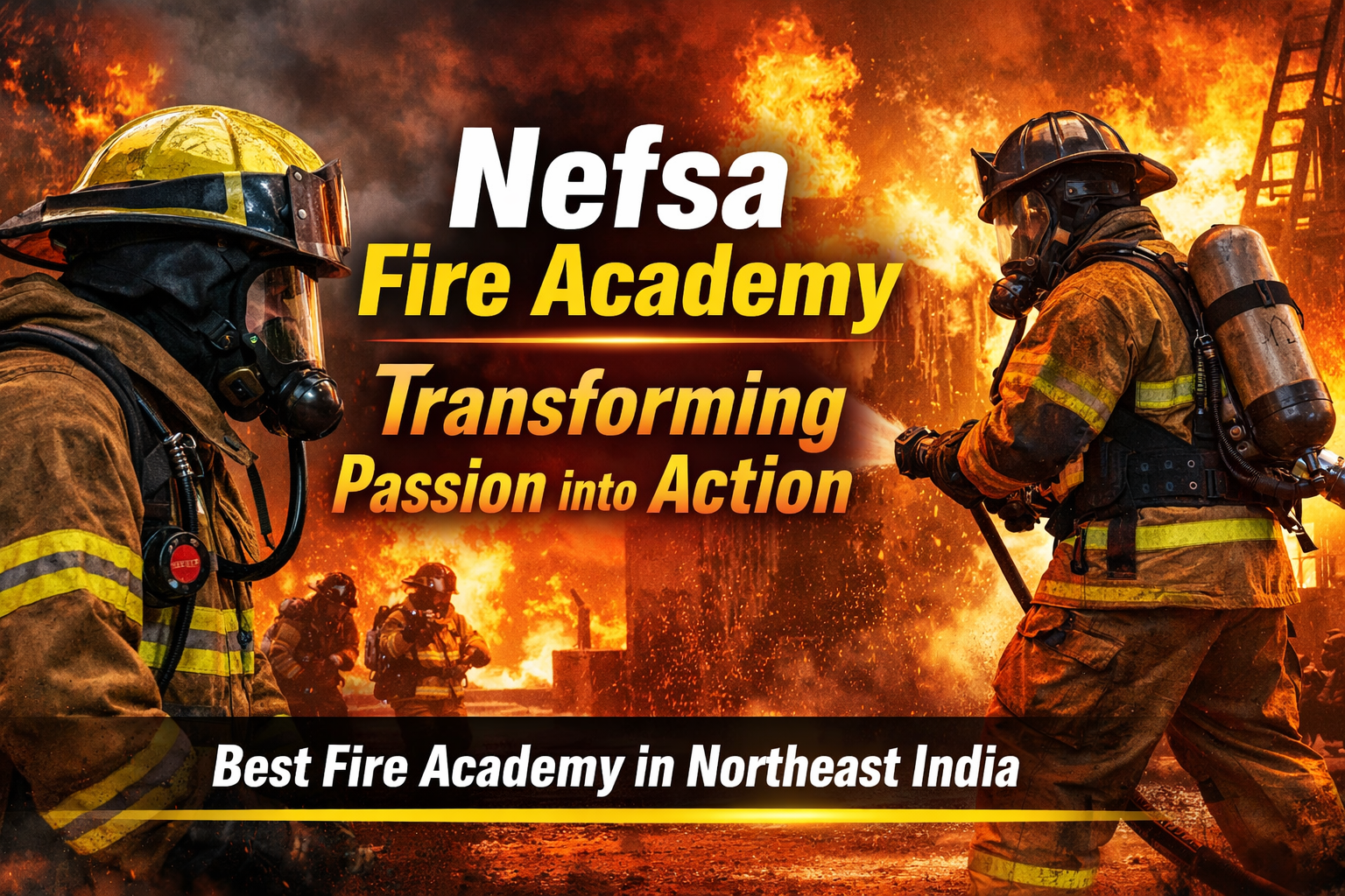 Nefsa Fire Academy firefighter in action during a live fire drill with protective gear and breathing apparatus