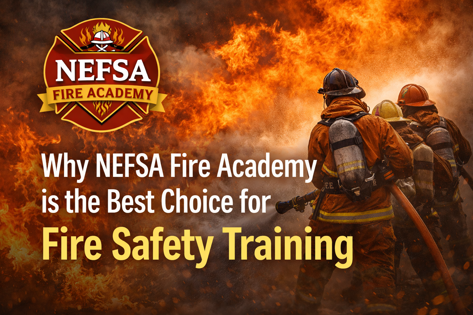 Firefighters battling a blaze with the NEFSA Fire Academy logo and title "Why NEFSA Fire Academy is the Best Choice for Fire Safety Training"