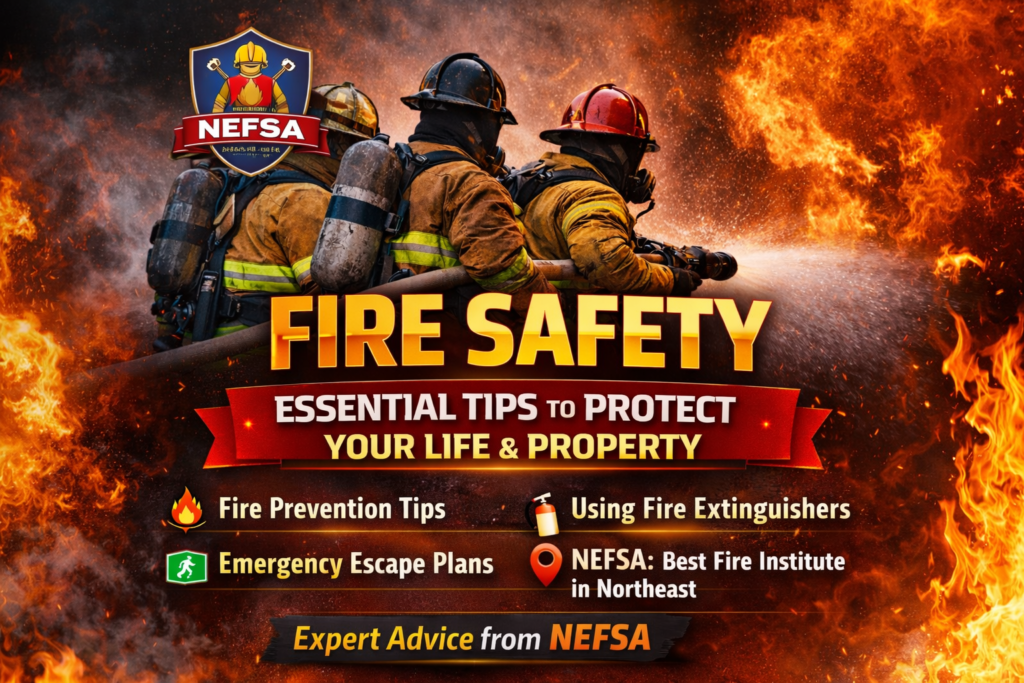 Firefighters in action with bold 'FIRE SAFETY' text highlighting key fire safety tips by NEFSA, including fire prevention, emergency escape plans, and fire extinguisher usage.