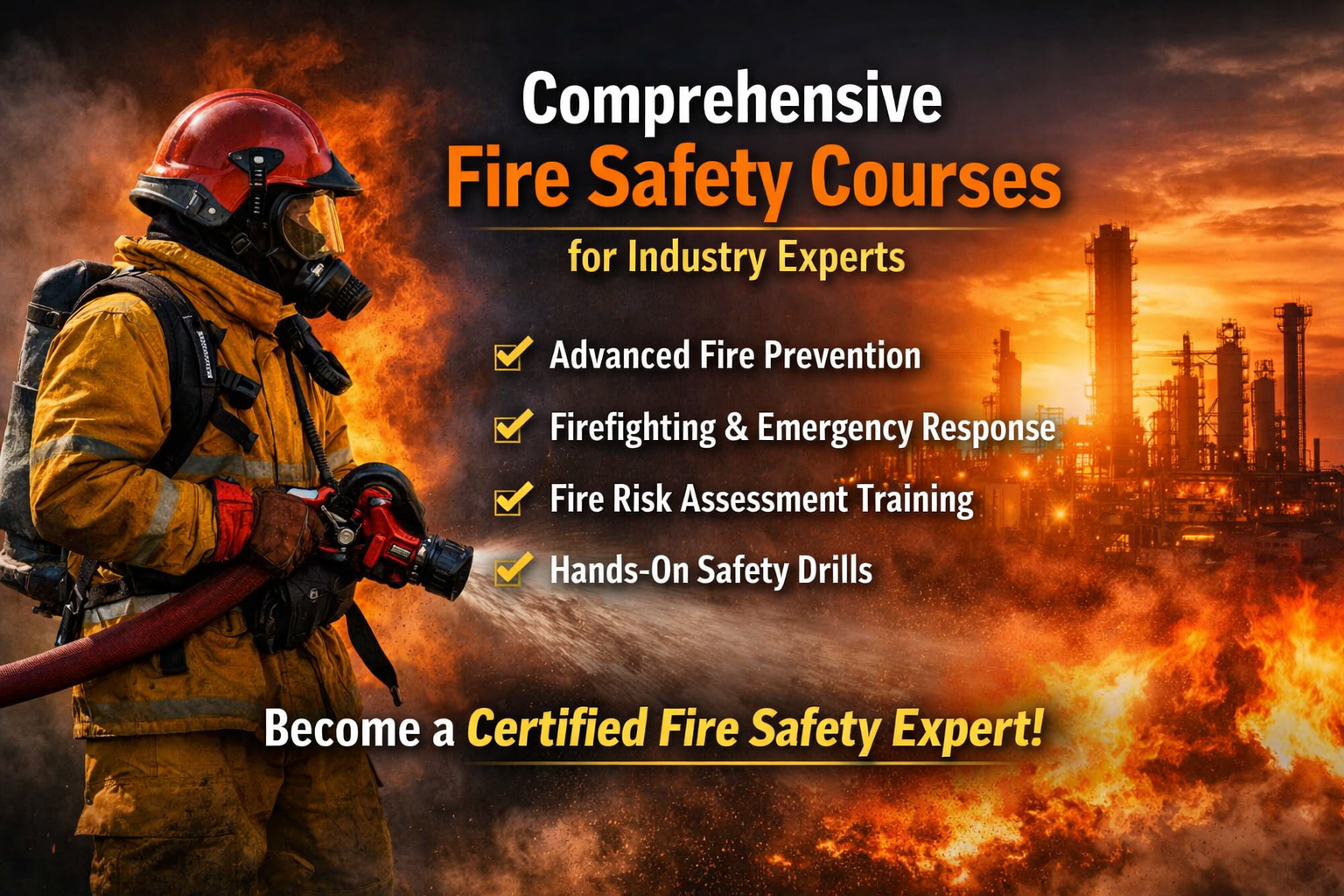 A firefighter in yellow gear, wielding a hose, with flames in the background and an oil refinery silhouette. The image promotes fire safety courses including advanced fire prevention, firefighting & emergency response, fire risk assessment, and hands-on safety drills.