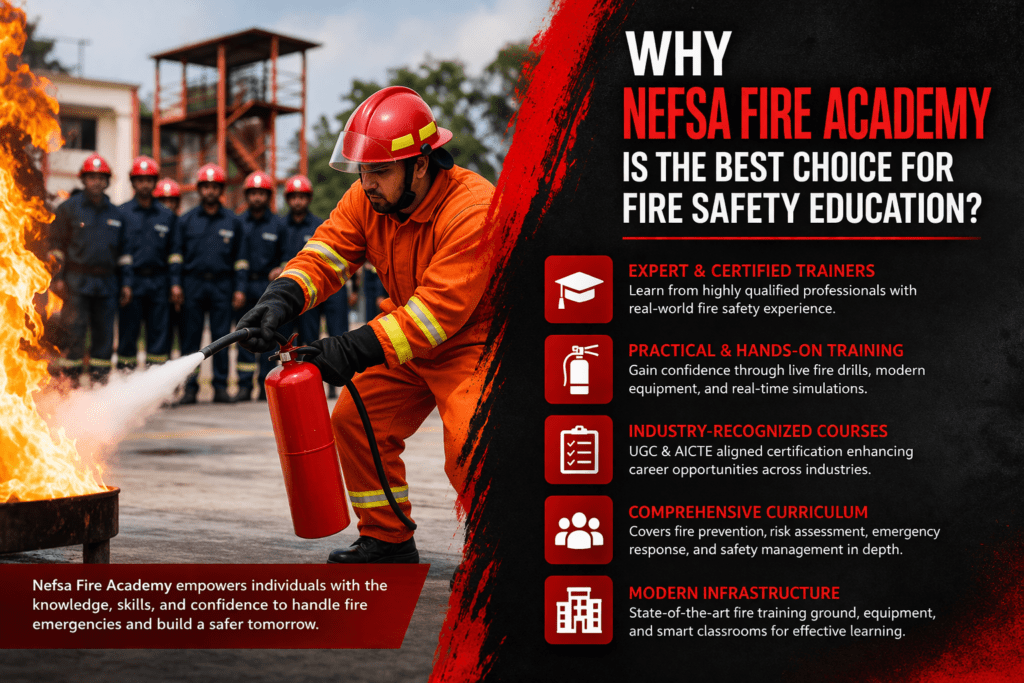 Nefsa Fire Academy fire safety training, hands-on experience with expert trainers, modern fire equipment, and certified courses.