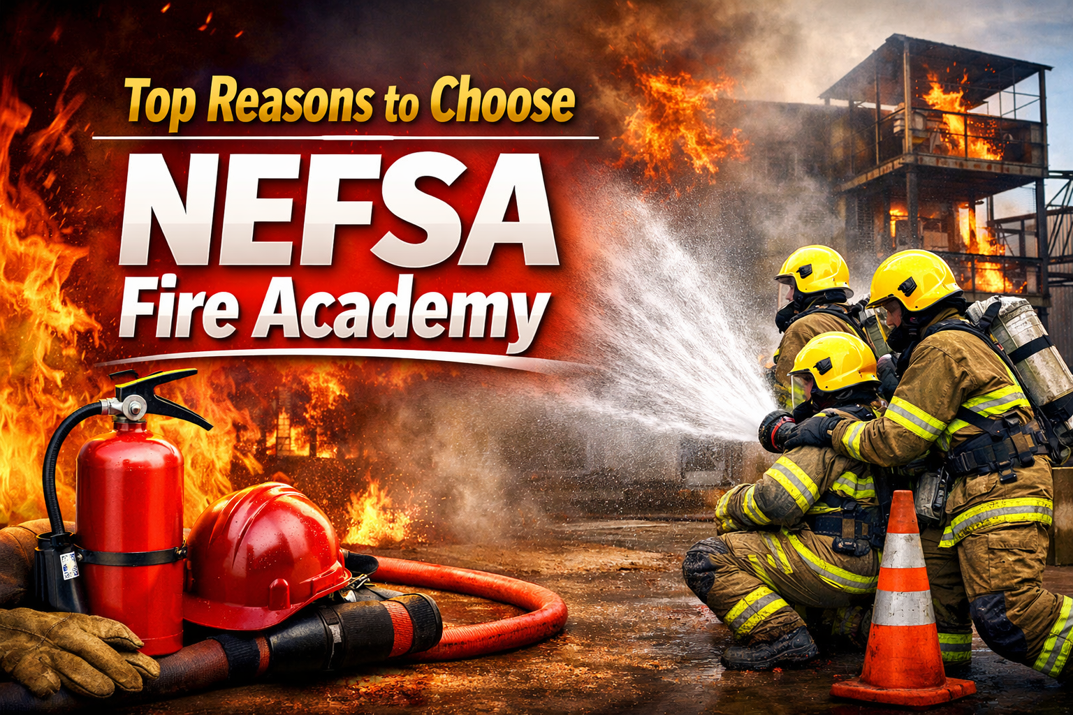 Featured image for NEFSA Fire Academy blog, showcasing firefighters in action with text "Top Reasons to Choose NEFSA Fire Academy."