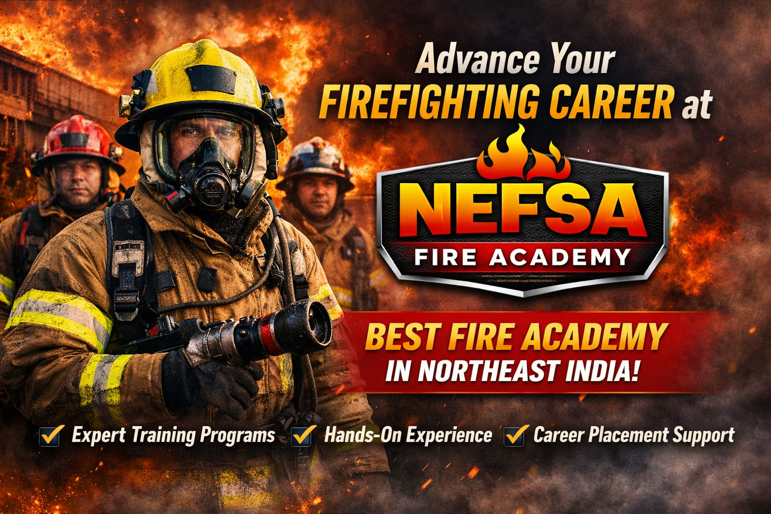 "Firefighters at Nefsa Fire Academy with flames in the background showcasing expert training programs and career placement support"