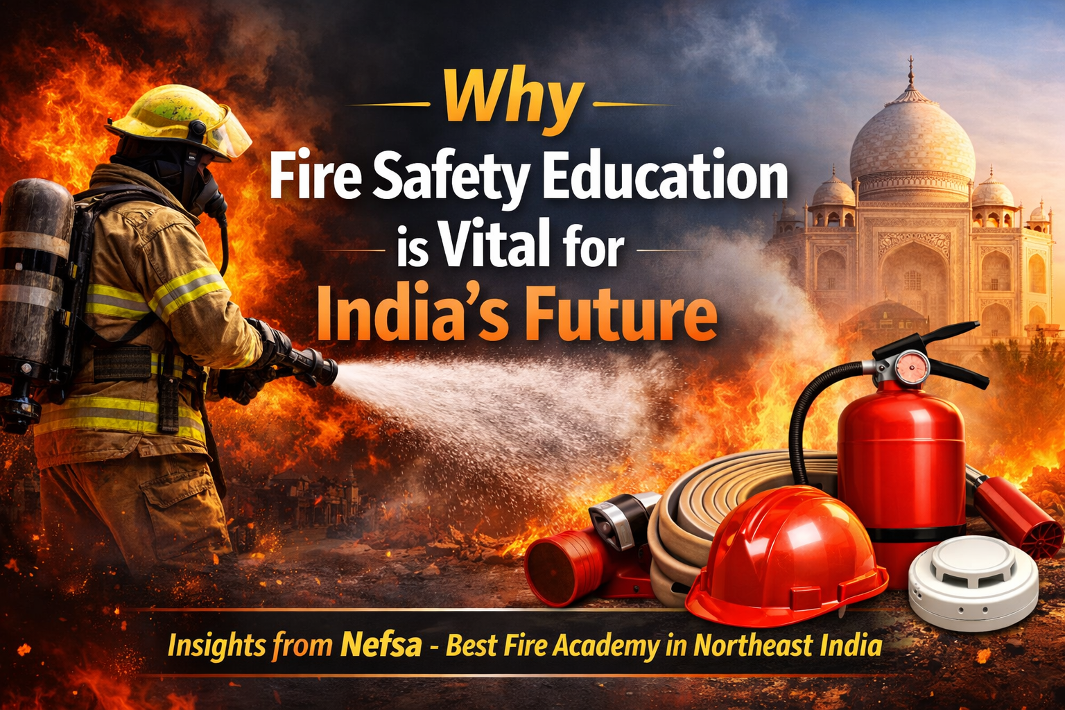 Firefighter battling blaze with fire safety equipment in the foreground and the Taj Mahal in the background. "Why Fire Safety Education is Vital for India’s Future" text overlaid.