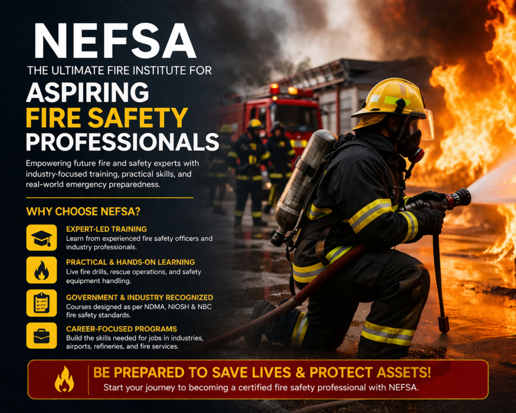 A promotional banner featuring a firefighter in action, fighting a blaze while wearing full firefighting gear. The image emphasizes NEFSA's commitment to empowering aspiring fire safety professionals with expert-led training, practical hands-on learning, and career-focused programs.