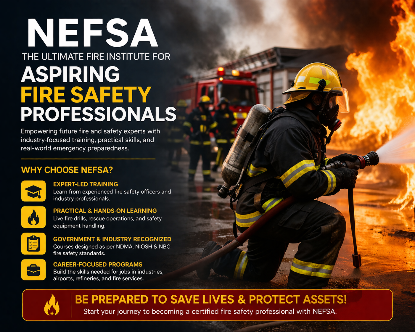 A promotional banner featuring a firefighter in action, fighting a blaze while wearing full firefighting gear. The image emphasizes NEFSA's commitment to empowering aspiring fire safety professionals with expert-led training, practical hands-on learning, and career-focused programs.