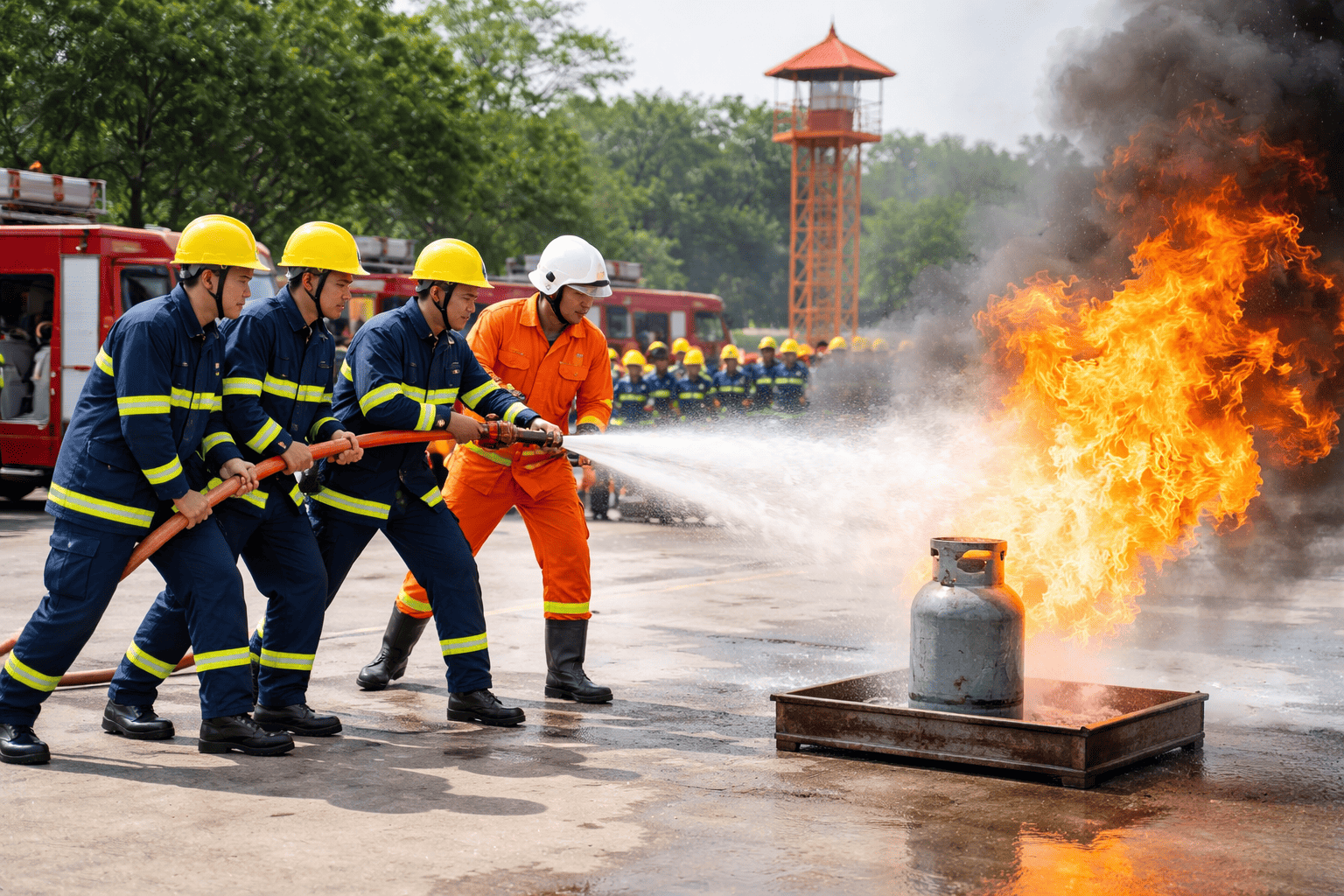 Students performing fire safety training drill using water hose to control gas cylinder fire