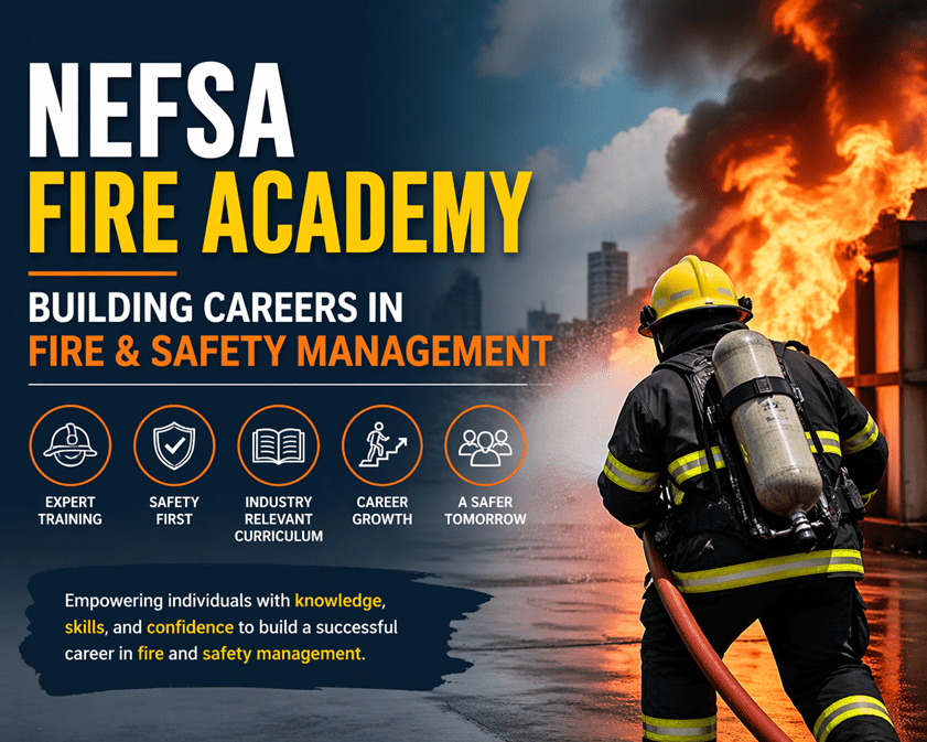 A firefighter in action during a training session at NEFSA Fire Academy, representing the academy's commitment to developing fire and safety professionals with hands-on, real-world training.