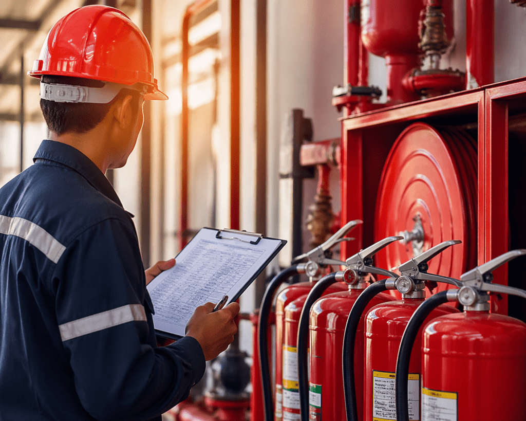A worker in reflective gear conducts a safety inspection in an industrial space, standing near rows of fire extinguishers and vibrant pipes while holding a clipboard.
