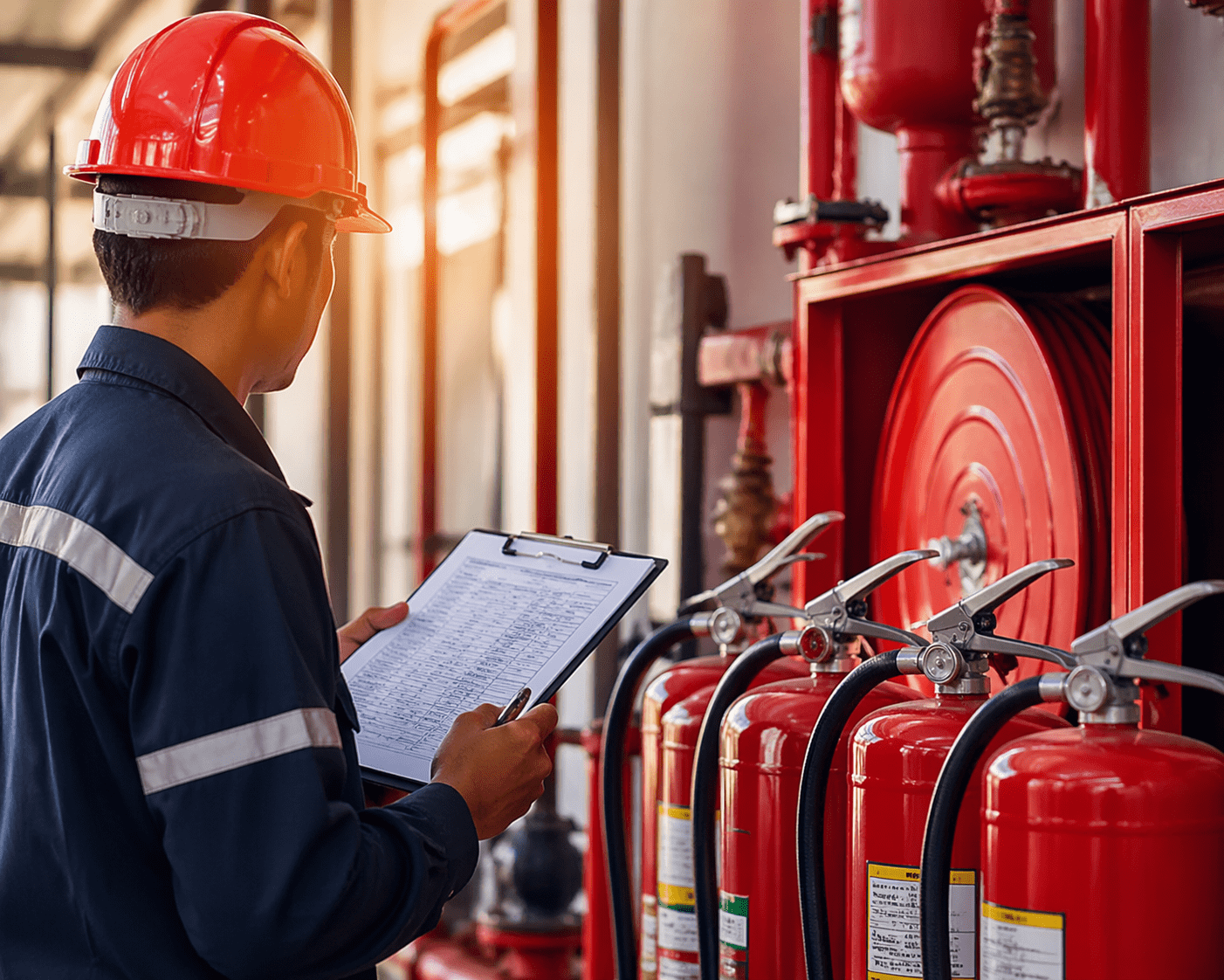 A worker in reflective gear conducts a safety inspection in an industrial space, standing near rows of fire extinguishers and vibrant pipes while holding a clipboard.