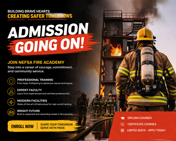 Nefsa Fire Academy Admissions Banner - A firefighter in action with a bold 'Admissions Going On!' message and key features about training, facilities, and courses.