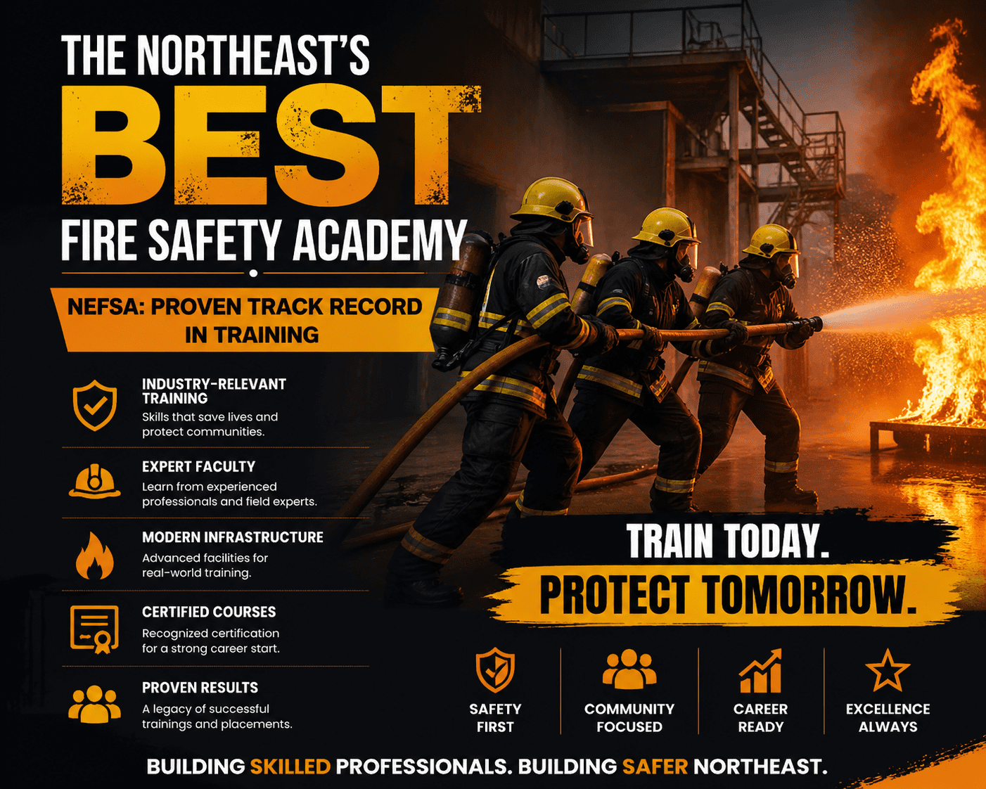 Firefighters in action at Nefsa Fire Academy, highlighting industry-relevant training and certified courses for future fire safety professionals.