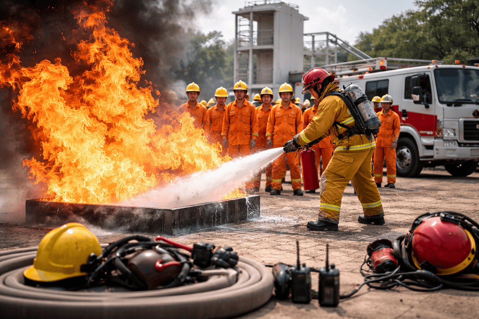 fire safety training session with instructor demonstrating fire extinguisher use and trainees observing