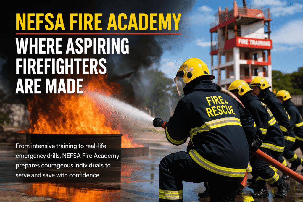 NEFSA Fire Academy training with firefighters battling flames in full gear, with bold text saying "NEFSA FIRE ACADEMY" and "Where Aspiring Firefighters Are Made."