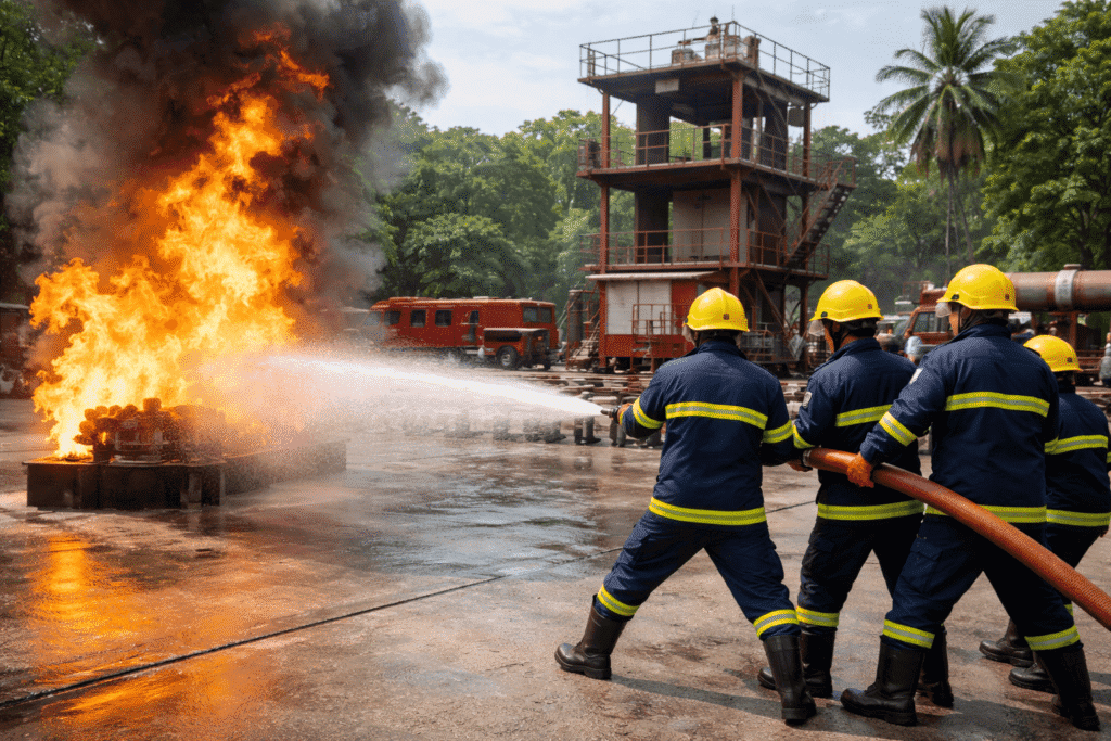 Fire safety training session at NEFSA Fire Institute Assam with live firefighting drill