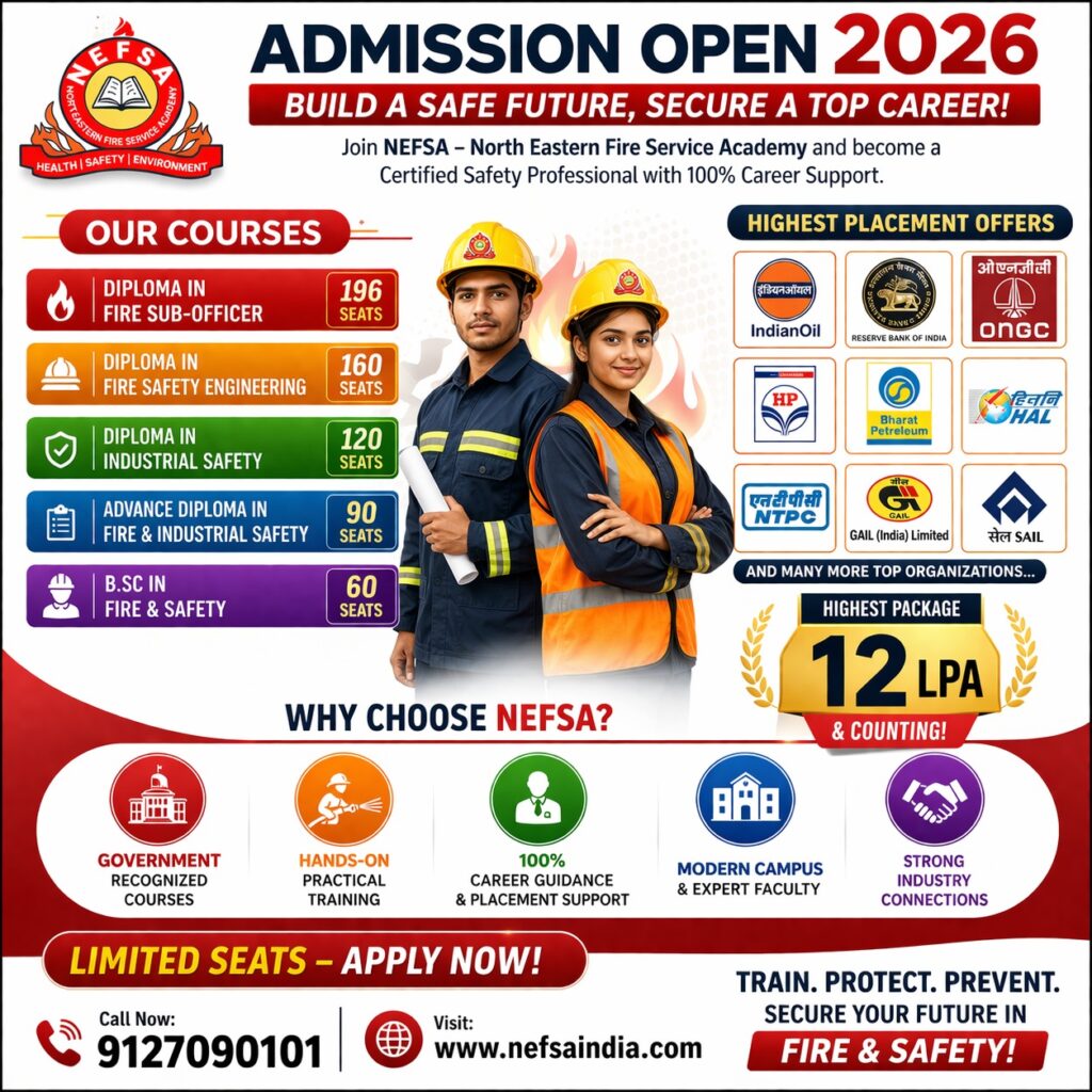 NEFSA Fire Academy students performing fire safety training drill in Assam