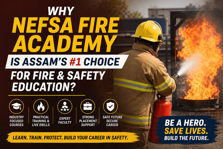 NEFSA Fire Academy students performing fire safety training with live fire drill in Assam