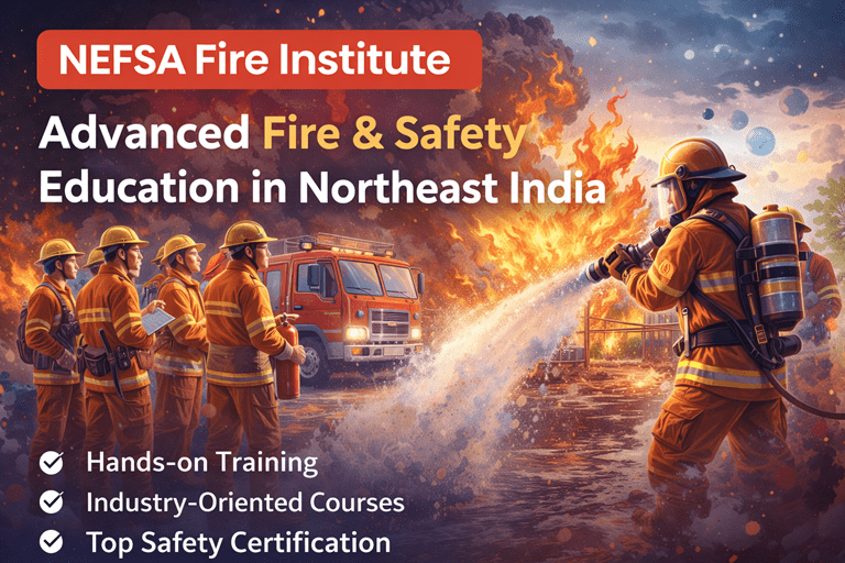 NEFSA Fire Institute training showing firefighters practicing fire safety and emergency response in Northeast India