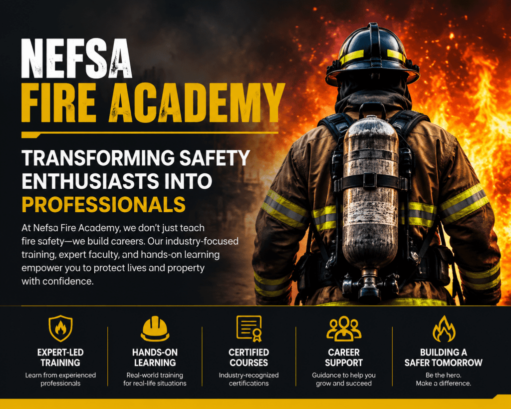Firefighter in training at Nefsa Fire Academy, transforming safety enthusiasts into professionals
