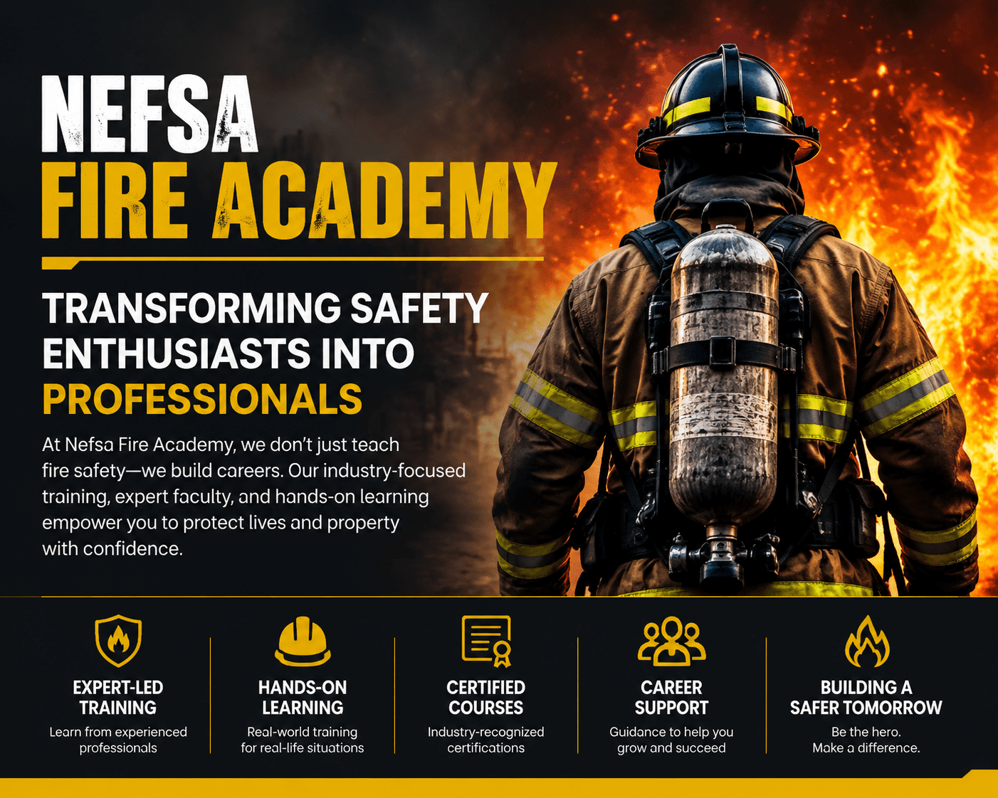 Firefighter in training at Nefsa Fire Academy, transforming safety enthusiasts into professionals