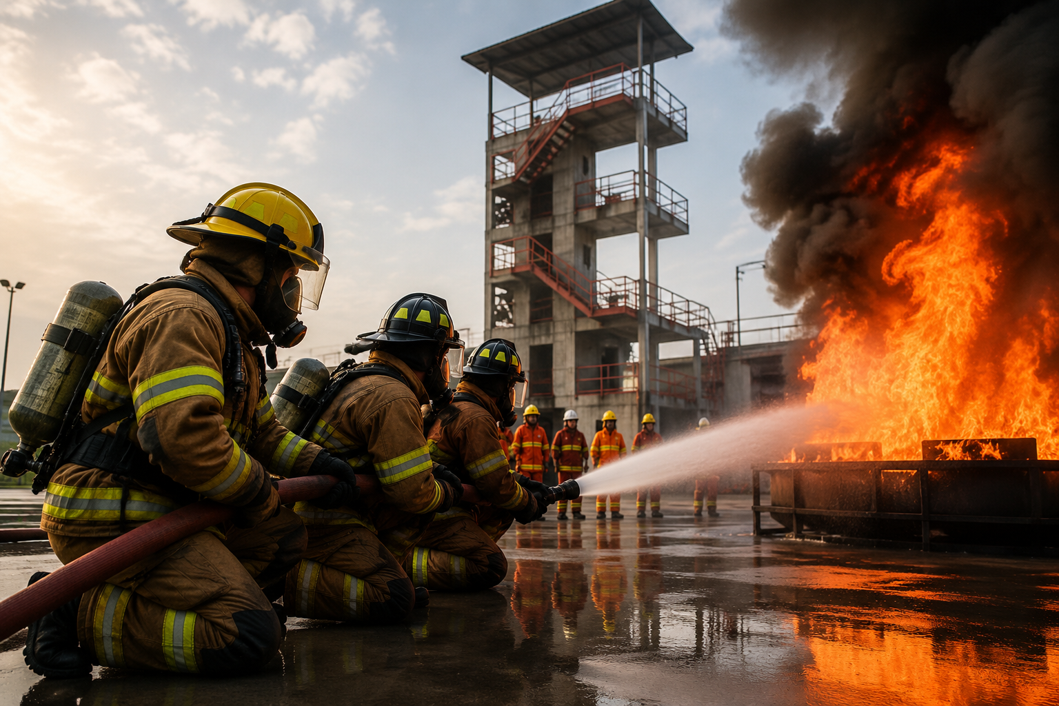 Firefighters in full protective gear practicing firefighting with hoses and controlled flames at a professional fire academy in India