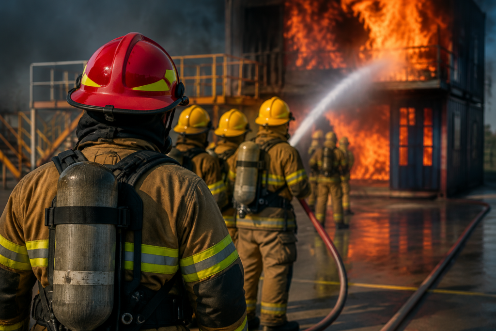 Fire safety training session at Nefsa India academy with instructors demonstrating firefighting techniques using hoses and safety gear