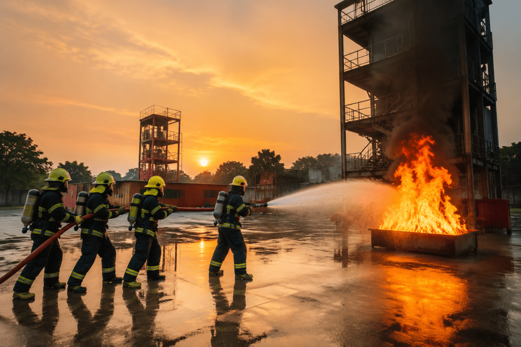 Fire safety training at Nefsa Fire Academy with students practicing firefighting drills using hoses and fire simulators at sunset.