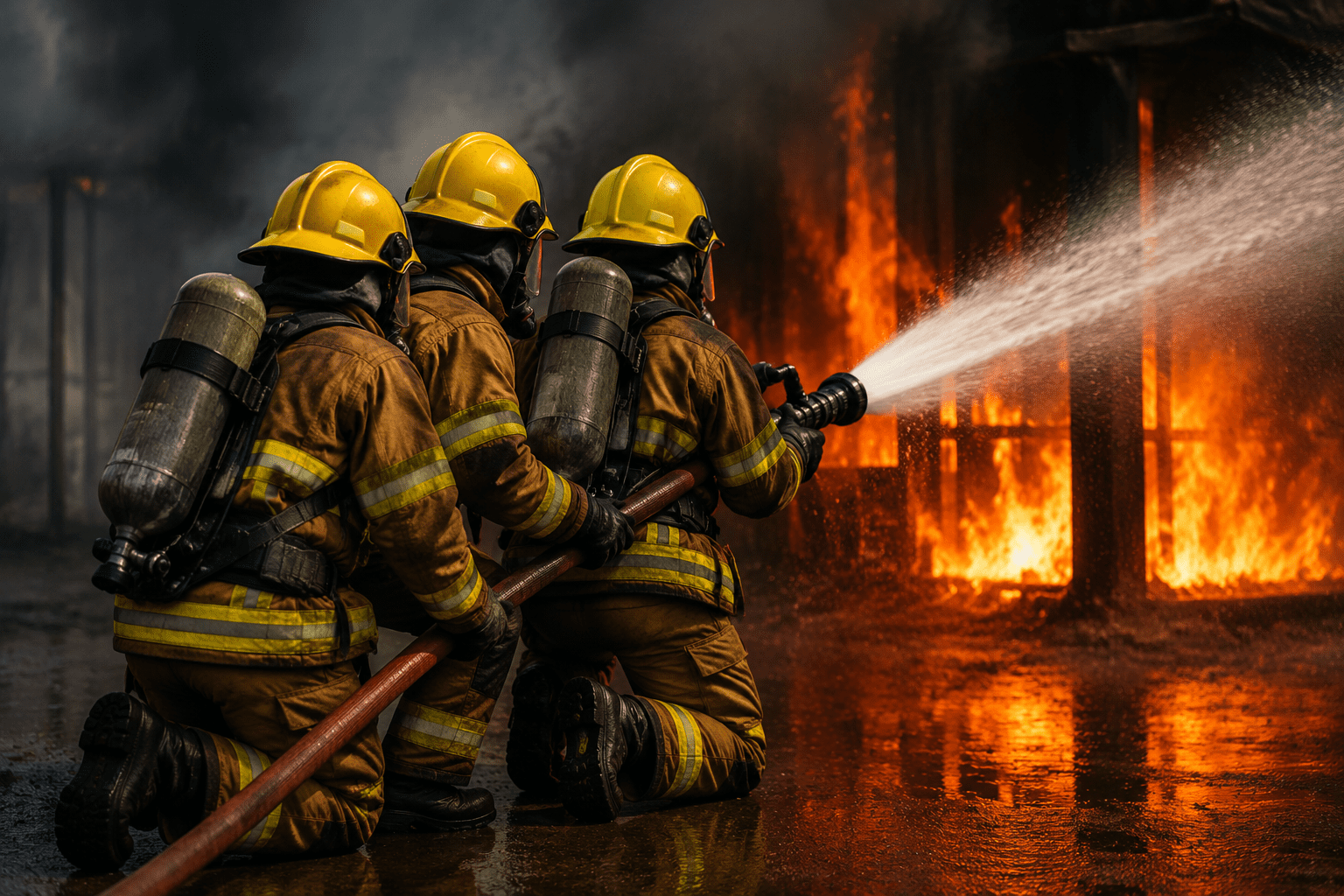 Firefighters in full gear using hoses to control a blazing fire during training at Nefsa Fire Academy